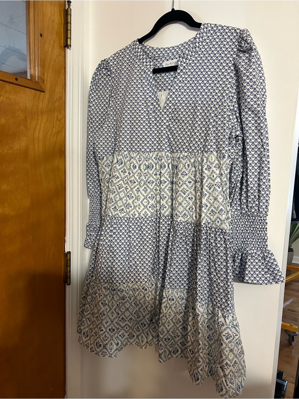 Shop the Mint Blue Printed Long-Sleeve Tiered Dress
